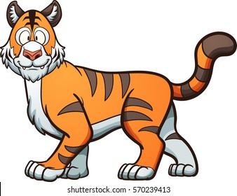 Happy cartoon tiger. Vector clip art illustration with simple gradients. Head, body and snout on separate layers.