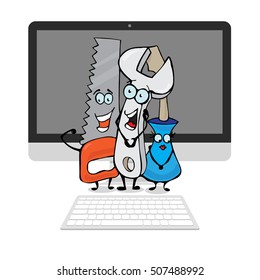 Happy cartoon tools in front of computer screen. Vector flat illustration. Isolated on white background