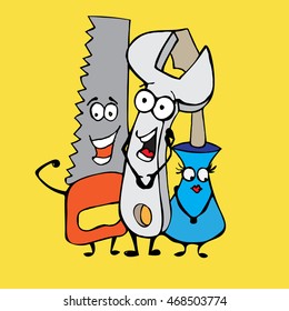 Happy cartoon tools. Hand drawn vector stock illustration.