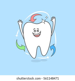 Happy cartoon tooth with arrows in red, green and blue colors. Cleaning and whitening teeth. Dental health.