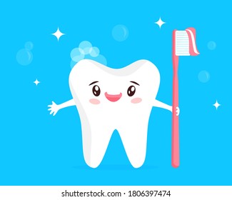 Happy cartoon tooth with brush. Vector illustration of kawaii smiling character. Concept of dental health care, children teeth hygiene, caries prevention