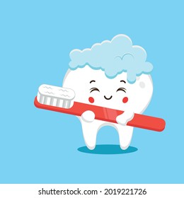 Happy cartoon tooth character brushing himself with toothbrush and toothpaste foam. Funny motivational clipart. Flat vector illustration