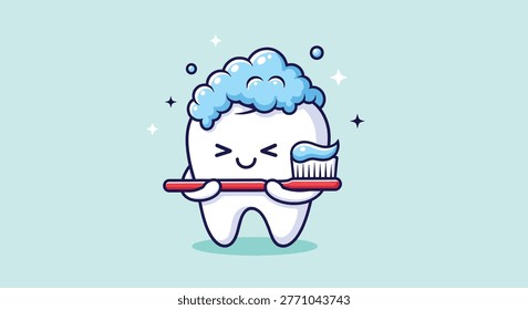 A happy cartoon tooth character is brushing its teeth with a toothbrush and toothpaste, symbolizing dental hygiene and oral care.