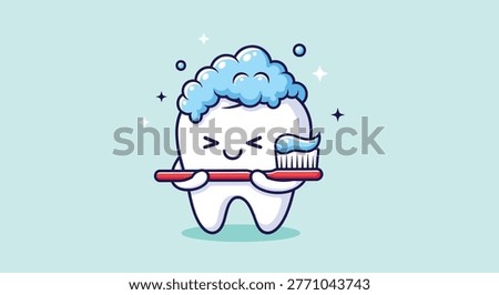A happy cartoon tooth character is brushing its teeth with a toothbrush and toothpaste, symbolizing dental hygiene and oral care.