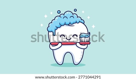 A happy cartoon tooth character holding a red toothbrush with blue toothpaste and foam bubbles on its head against a light blue background