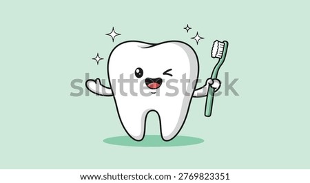 A happy cartoon tooth character winking and holding a toothbrush to promote oral hygiene and dental care.