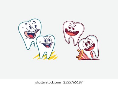 Happy cartoon tooth characters, fun dental illustrations for kids, and oral health designs