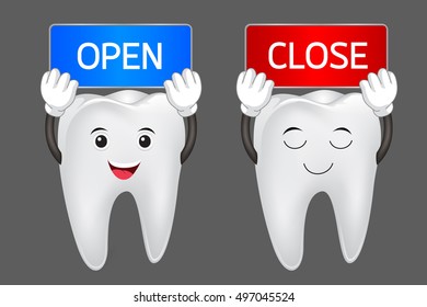 Happy cartoon tooth and dentist take close and open billboard. Illustration