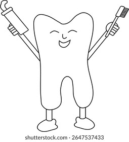 Happy cartoon tooth mascot holding a toothpaste and toothbrush