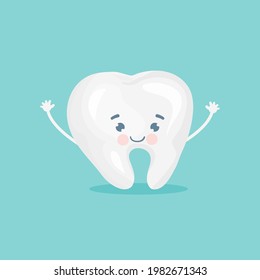 Happy cartoon tooth with smile isolated on blue background. Vector illustration for dentistry.