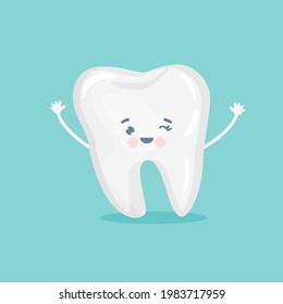 Happy cartoon tooth with smile isolated on blue background. Vector illustration for dentistry.