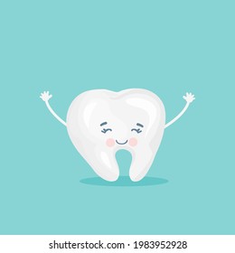 Happy cartoon tooth with smile isolated on blue background. Vector illustration for dentistry.