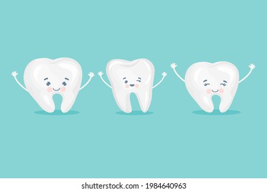 Happy cartoon tooth with smile isolated on blue background. Vector illustration for dentistry.