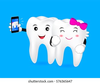 Happy cartoon tooth take photo by phone. Illustration,  great for dental care concept.