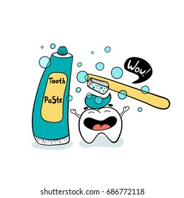 Happy cartoon tooth with toothpaste, toothbrush and bubbles. Cute vector illustration. Dental care concept.