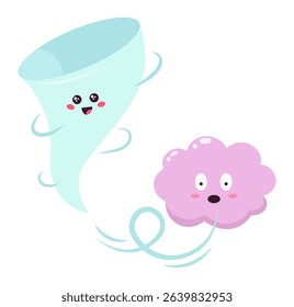 Happy cartoon tornado is chasing a scared cartoon cloud, both with funny faces, illustrating weather phenomena, meteorology concepts, in a kawaii style, with swirling wind
