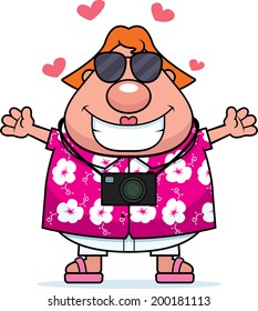 A happy cartoon tourist ready to give a hug.