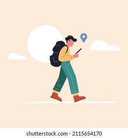 Happy cartoon tourist walking to the destination on an electronic map, in the hands of a gadget, behind a large backpack, travel, vacation. Colorful flat illustration