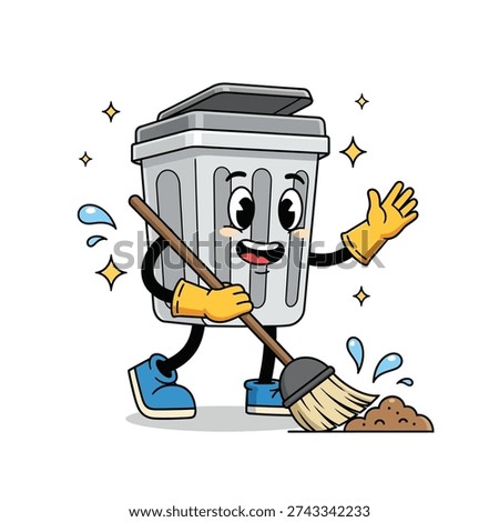 Happy cartoon trash can character sweeping a pile of dirt with a broom