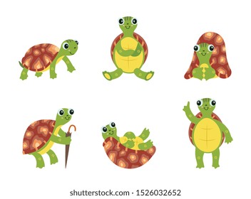 Happy cartoon turtle set - cute green sea animal with brown shell standing, sitting and lying in different positions, smiling tortoise isolated on white background, vector illustration