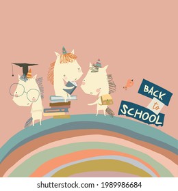 Happy Cartoon Unicorns going Back to School