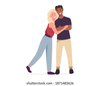 Happy cartoon vector illustration of standing man and woman. People are isolated on a white background. Positive African American and European couple. Fashionable clothes in a modern style.