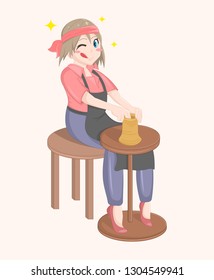 Happy cartoon vector isolated potter girl. Cute woman sitting and modeling a jug out of clay. The girl ceramist. Hobby concept.
