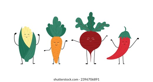 Feliz caricatura de verduras puesta sobre un fondo blanco aislado. Personajes divertidos de maíz, remolacha, zanahoria, pimienta. Tonos rojos, amarillos, naranjas y verdes. Para personajes de caricaturas, cómics.