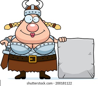 A happy cartoon Viking Valkyrie with a stone sign.