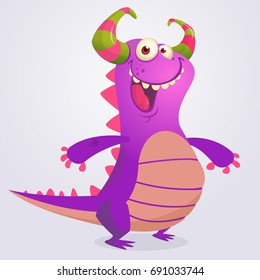 Happy cartoon violet dragon. Vector monster dragon illustration