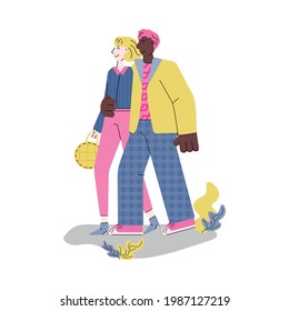 Happy cartoon walking together in the park and smiling - young man hugging woman by waist and taking a walk outdoors. Flat isolated vector illustration.