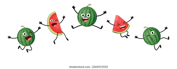 Happy cartoon watermelon jumping with many expression