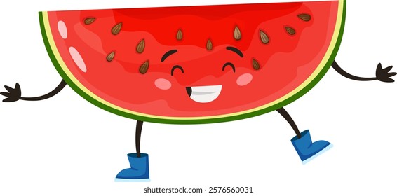 Happy cartoon watermelon slice wearing blue boots is walking, smiling and looking healthy, perfect for promoting healthy eating habits and joyful summer vibes