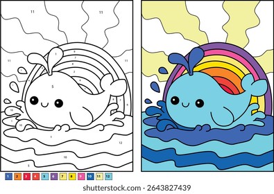 Happy cartoon whale with splash and rainbow vector illustration. Cute marine animal graphic for kids design.
