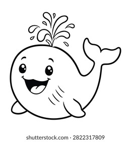 Happy cartoon whale spouting water from its blowhole in playful pose marine animal character for children vector art design