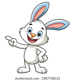 A happy cartoon white bunny rabbit pointing down vector art