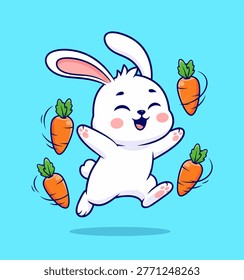 A happy cartoon white bunny rabbit with pink cheeks is jumping in the air with its arms outstretched. Several orange carrots are floating around the bunny.