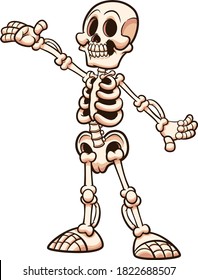 Happy cartoon white skeleton with presenting pose. Vector clip art illustration with simple gradients. All on a single layer.
