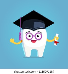 Happy Cartoon Wisdom Tooth Character Wearing Graduation Cap, Glasses And Holding Diploma. Prospective Dentist Tooth. Professional Dentistry And Dental Education Clipart. Flat Vector Illustration