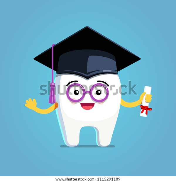 Happy cartoon wisdom tooth character wearing
graduation cap, glasses and holding diploma. Prospective dentist
tooth. Professional dentistry and dental education clipart. Flat
vector illustration