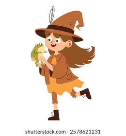 A happy cartoon witch girl in an orange outfit running with a green frog in her hands, expressing excitement and playfulness.