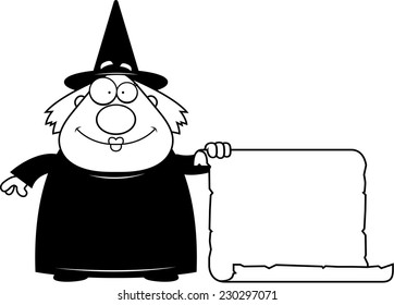A happy cartoon witch with a sign.