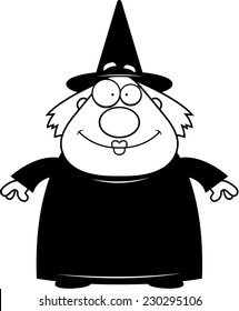 A happy cartoon witch standing and smiling.