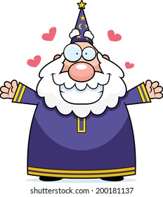 A happy cartoon wizard ready to give a hug.