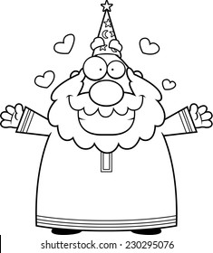 A happy cartoon wizard ready to give a hug.