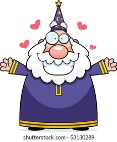 A happy cartoon wizard ready to give a hug.