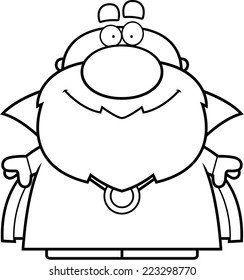 A happy cartoon wizard standing and smiling.