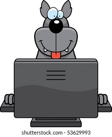 A happy cartoon wolf with a computer.