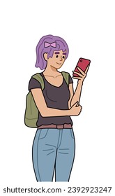 Happy cartoon woman with a backpack, girl holding mobile phone in hands. Use cellphone, chatting, surfing internet. Flat graphic vector illustration isolated on white background.