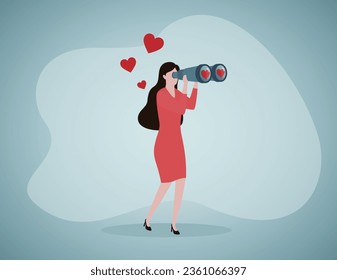 Fröhliche Cartoon-Frau mit großen Ferngläsern auf der Suche nach Liebe. Girl Find Partner flach Vektorgrafik. Romantik, Beziehung, Valentinstag-Konzept für Banner, Website-Design oder Landing-Webseite